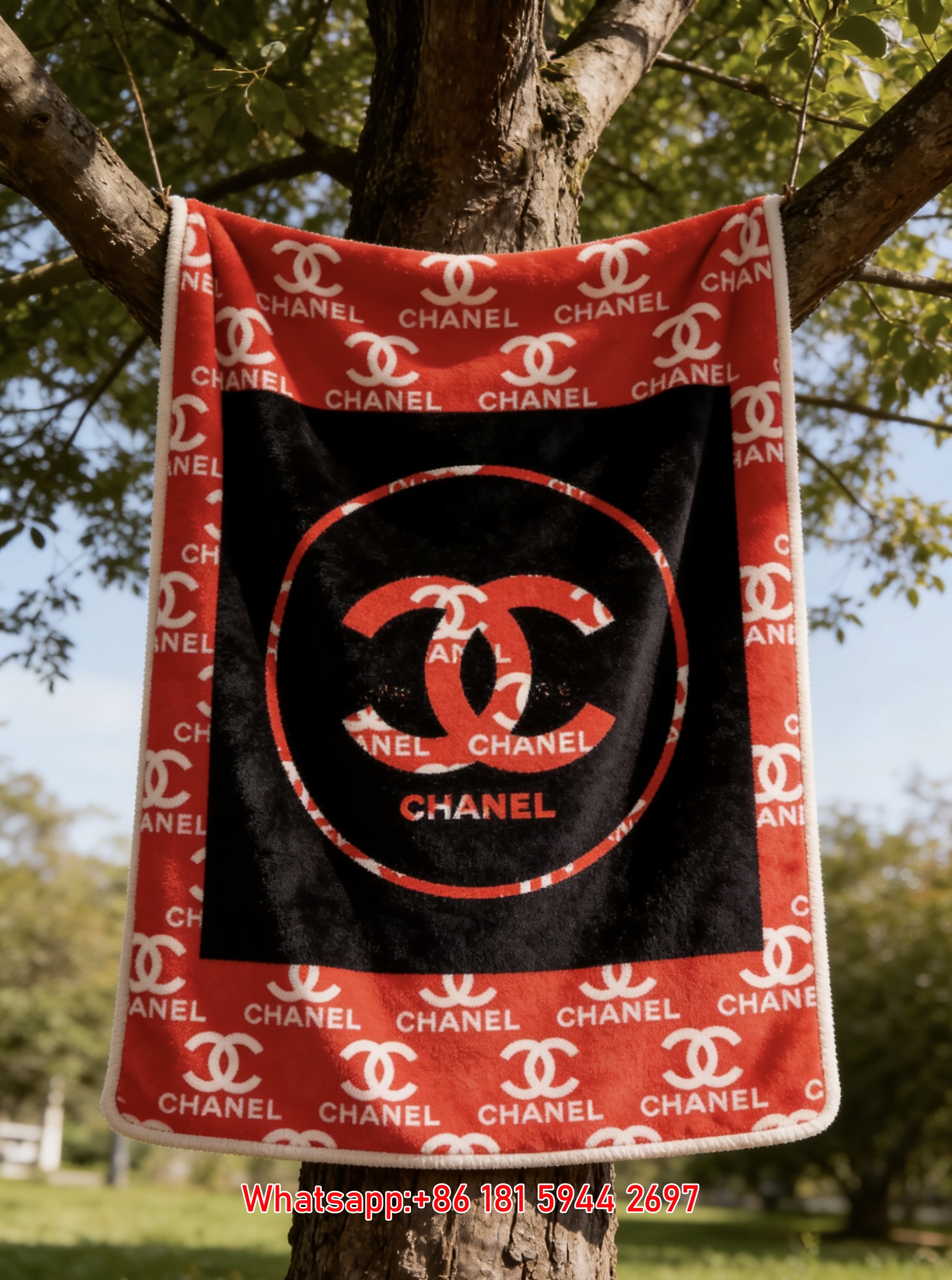 Chanel Red & Black Monogram Flannel Sofa Throw Blanket IMG_6846